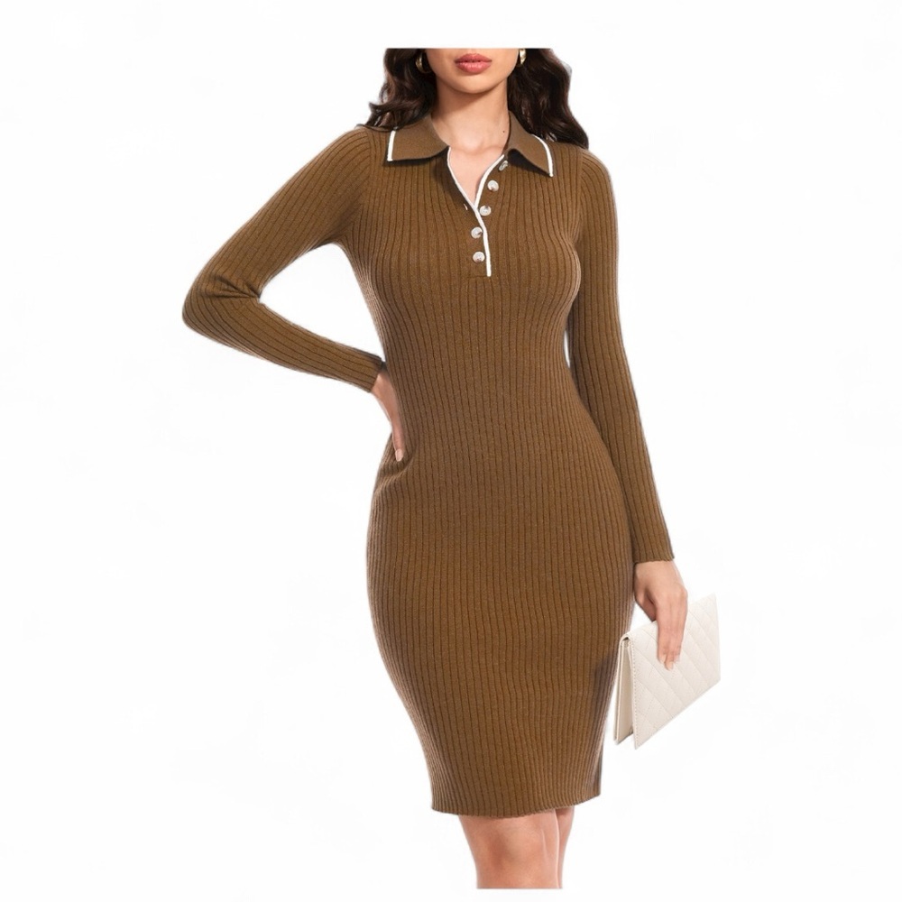 DRESSTELLS Long Sleeve V Neck Button Knit Pullover Sweater Dress Size Large NWT